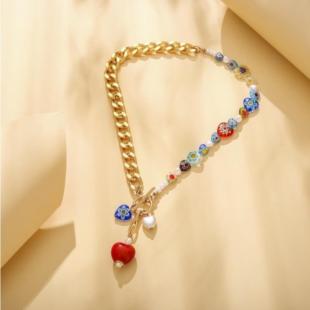Colorful Gold Chunky Chain Heart Pendant Boho Evil Eye Necklace - Picture 5 of 6